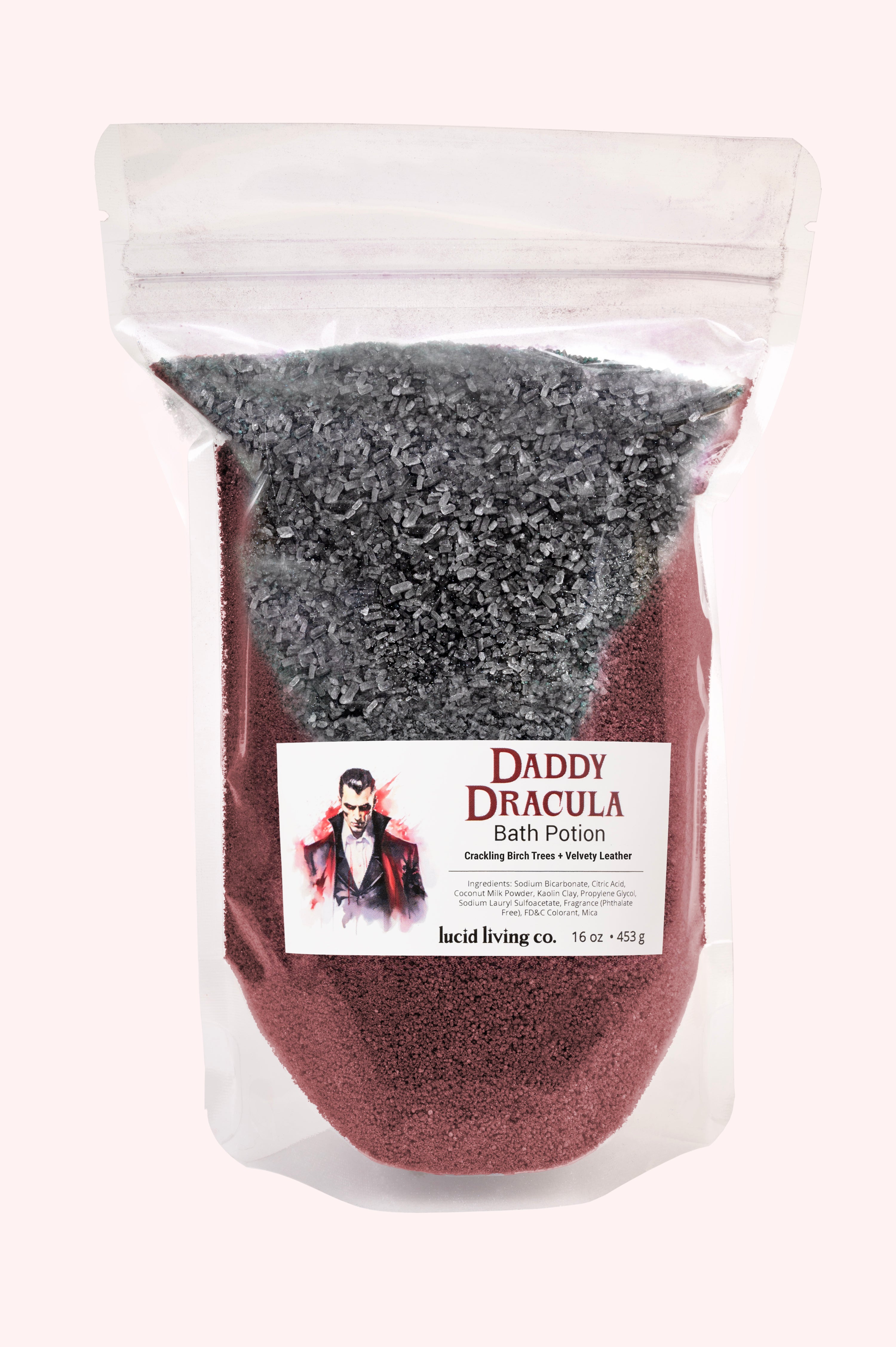 Daddy Dracula Bath Potion featuring velvety leather and crackling birch in a 16 oz resealable bag.