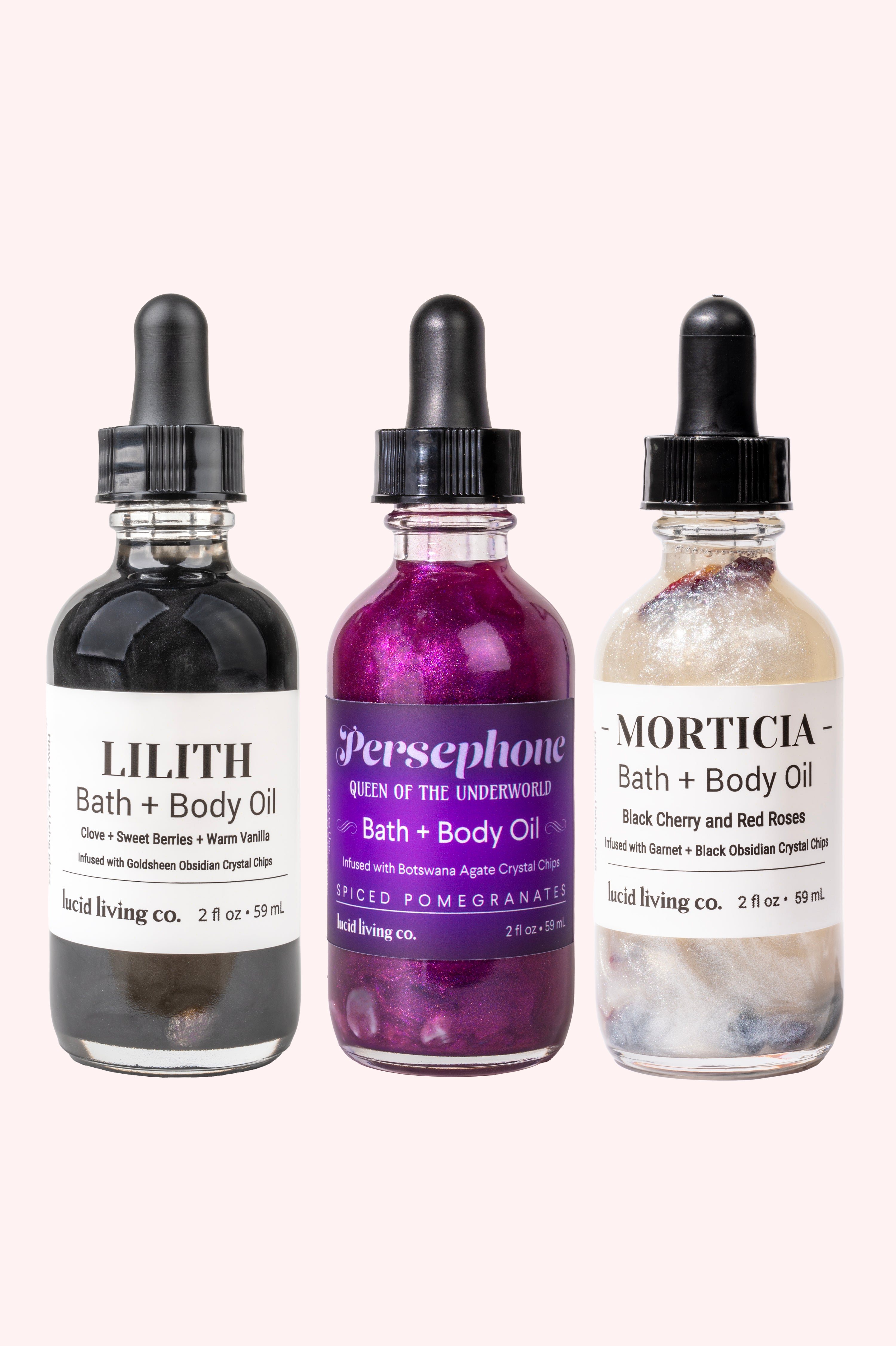 Dark Goddess Bundle featuring Lilith, Persephone, and Morticia bath and body oils for glowing skin.