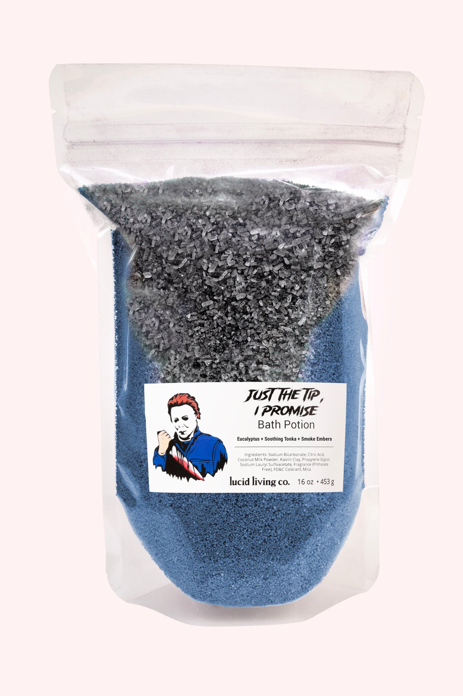 Just the Tip, I Promise Bath Potion in clear bag with dark blue and black Epsom salts and eucalyptus scent.