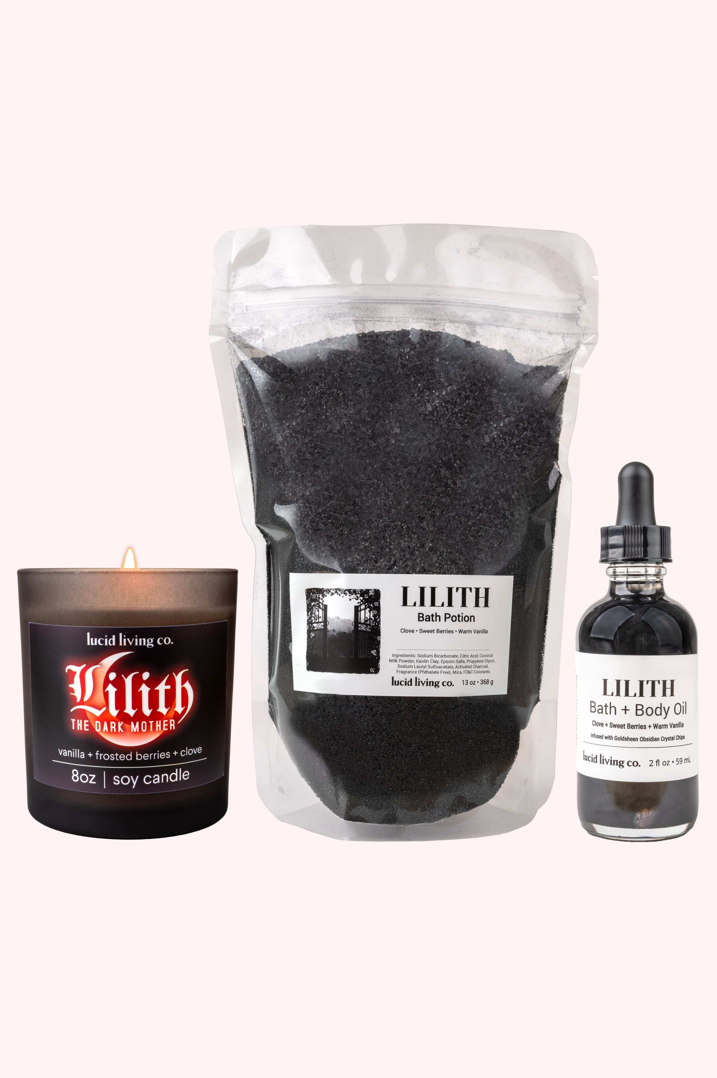 LILITH Bundle includes candle, bath potion, and bath oil with tonka, clove, ylang ylang, and frosted berries scents.