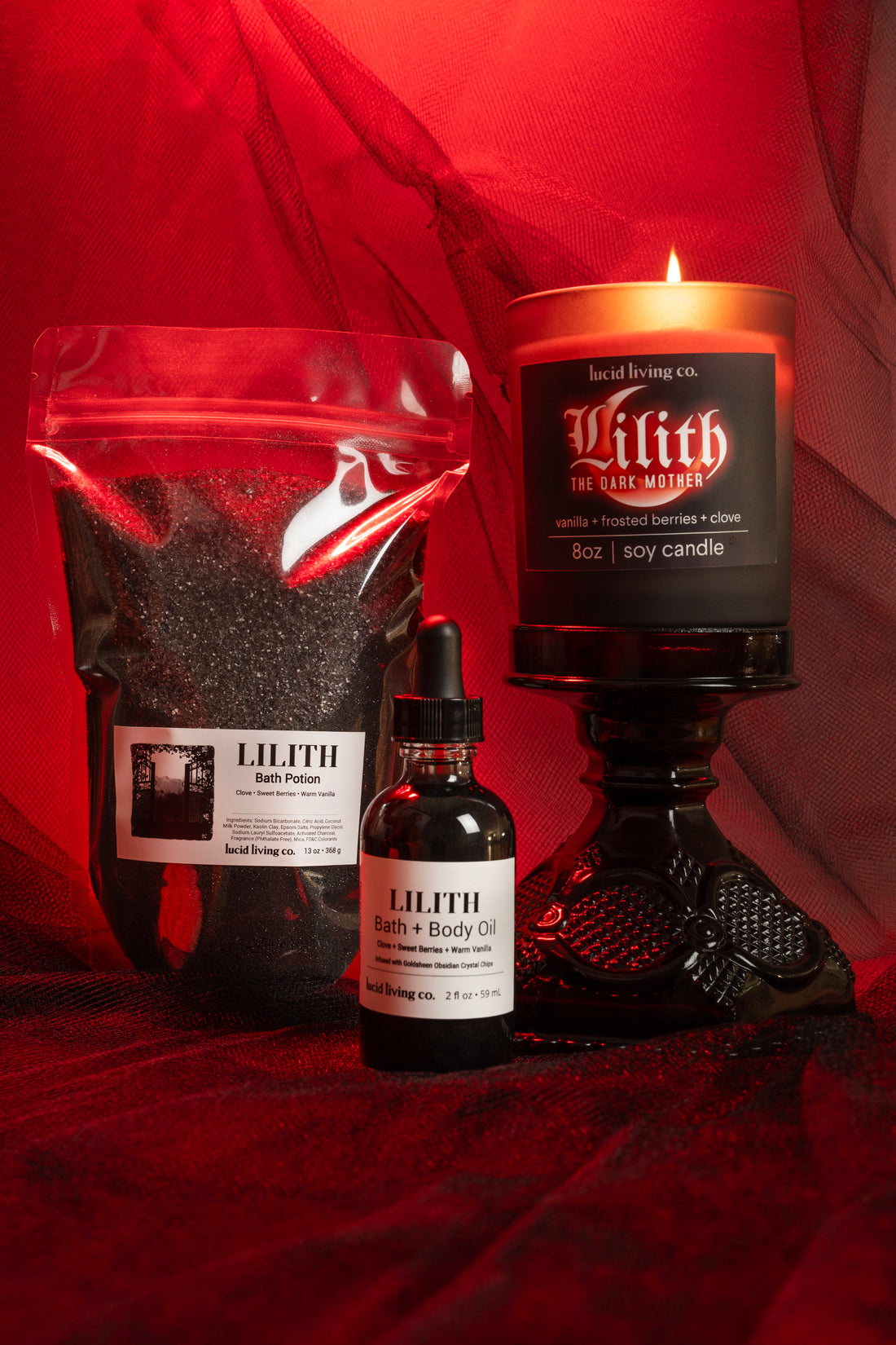 LILITH Bundle with bath potion, bath and body oil, and lit soy candle with dark mother scents and protective aura.