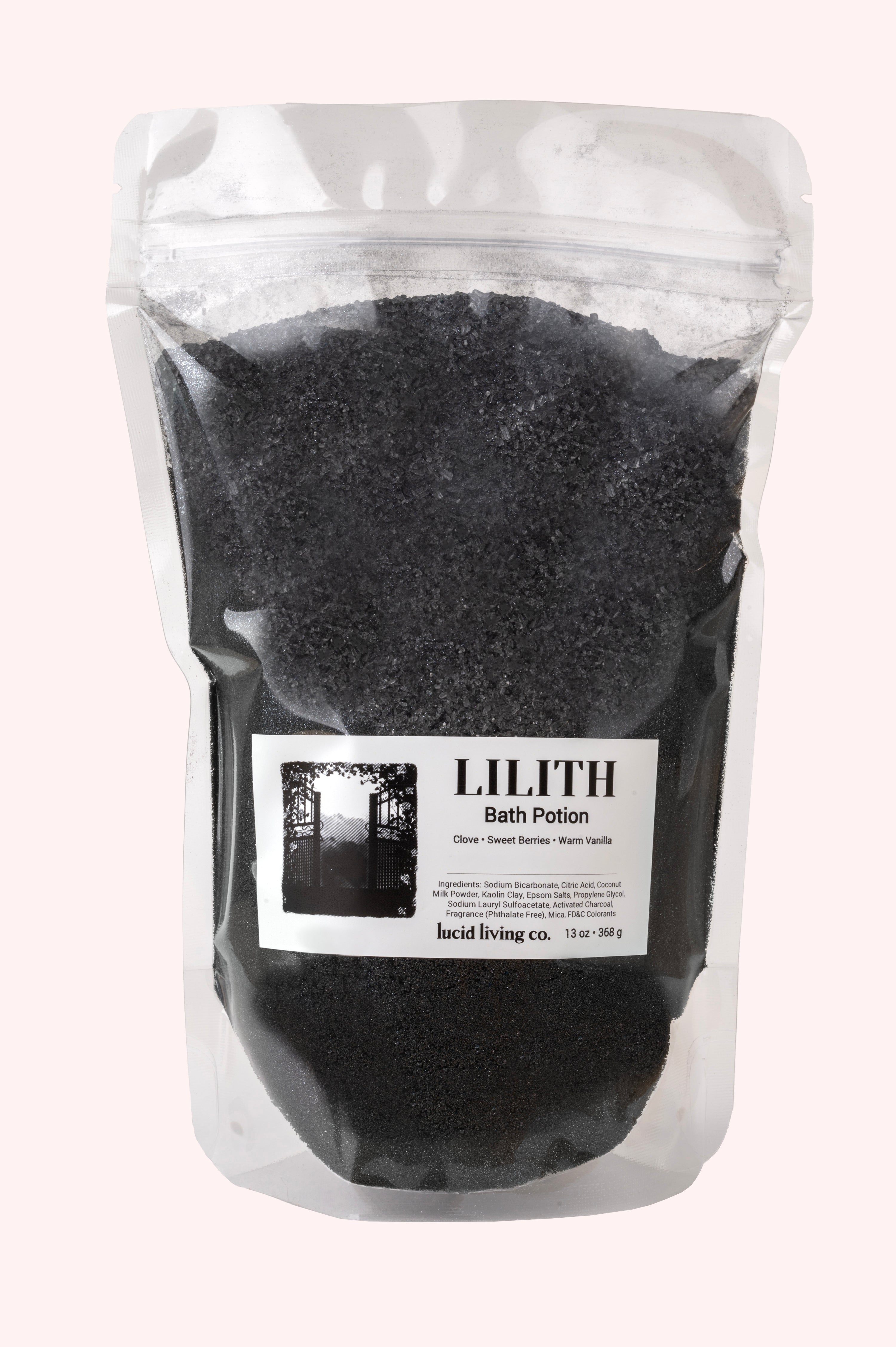 LILITH "The Dark Mother" Bath Potion in clear resealable bag with black fragrant bath salts inside.