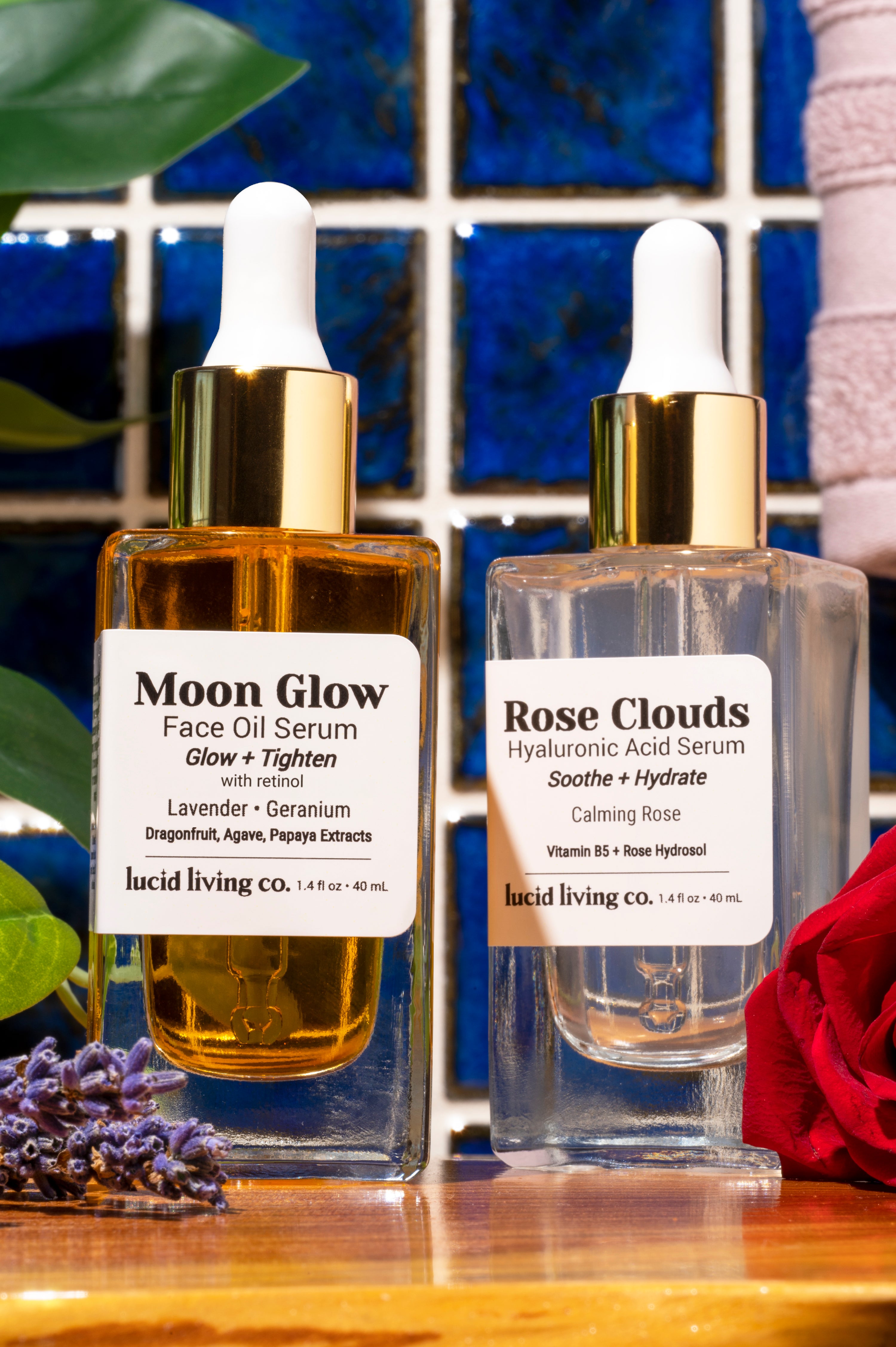 Moon Glow and Rose Clouds Bundle with face oil serum and hyaluronic acid serum for glowing, hydrated skin.