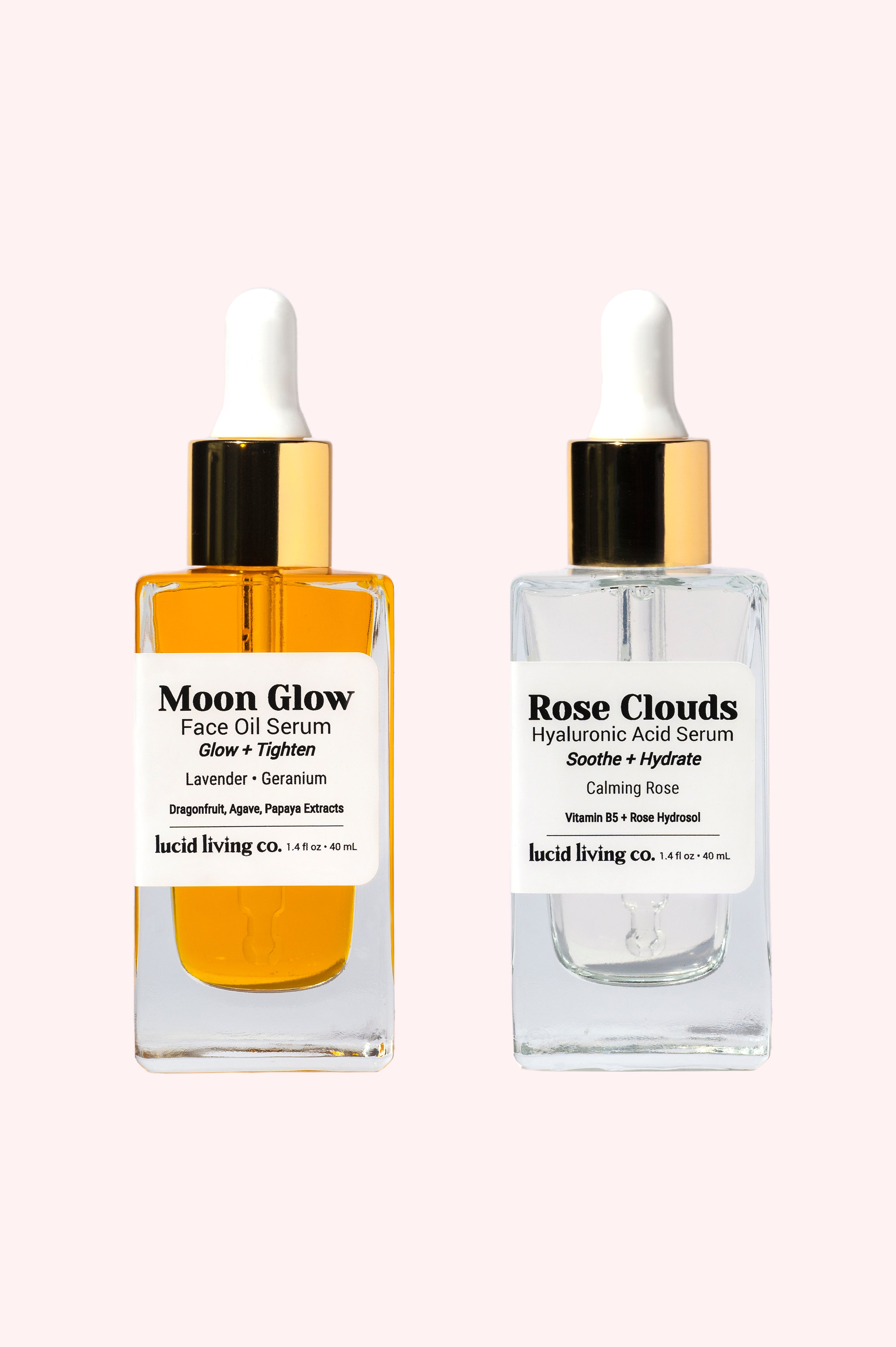 Moon Glow and Rose Clouds Bundle showing two serum bottles for moisturizing and hydrating skincare.