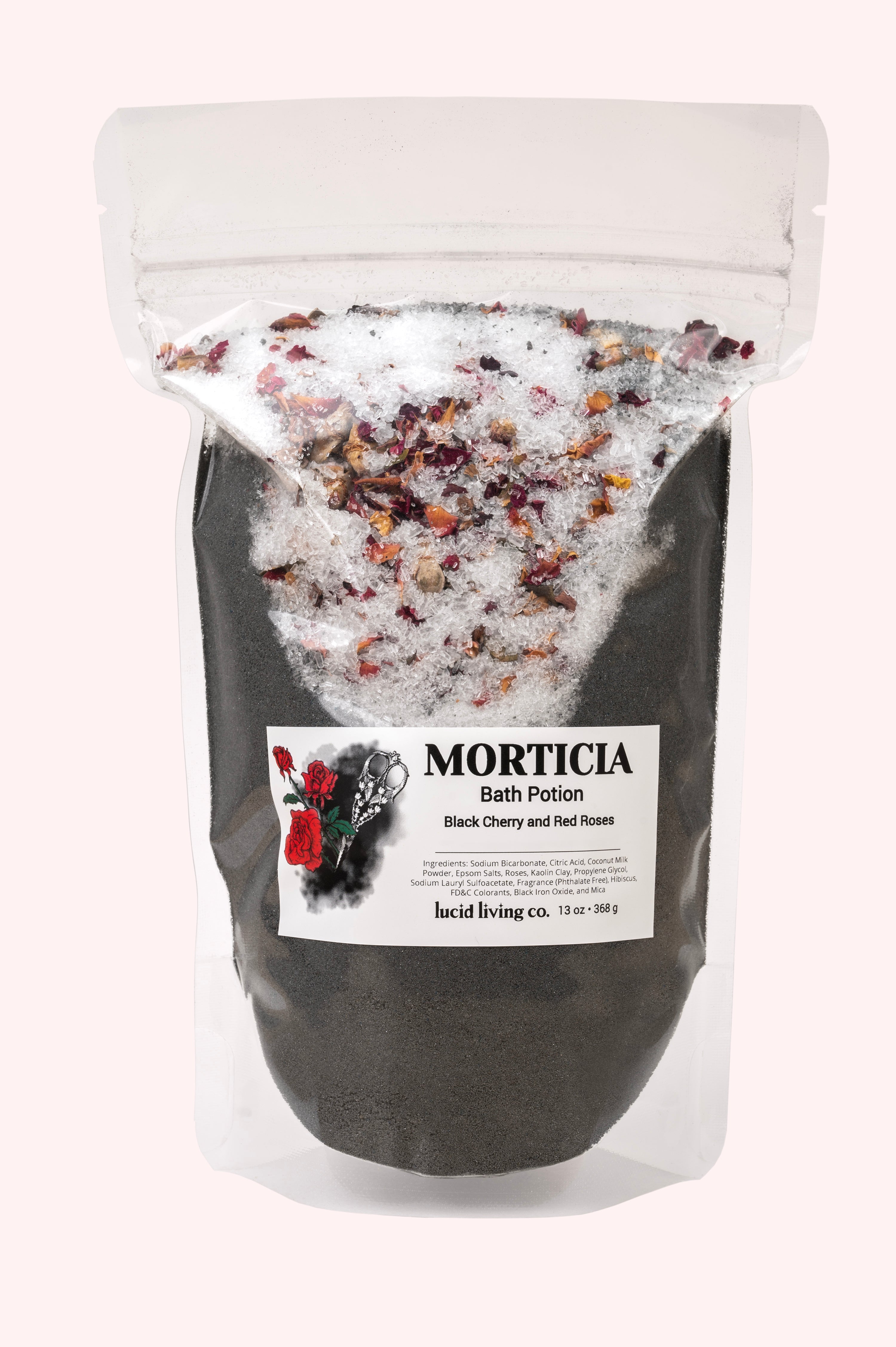 Morticia Bath Potion with black cherry, red roses, and natural ingredients for a relaxing and fragrant bath experience.