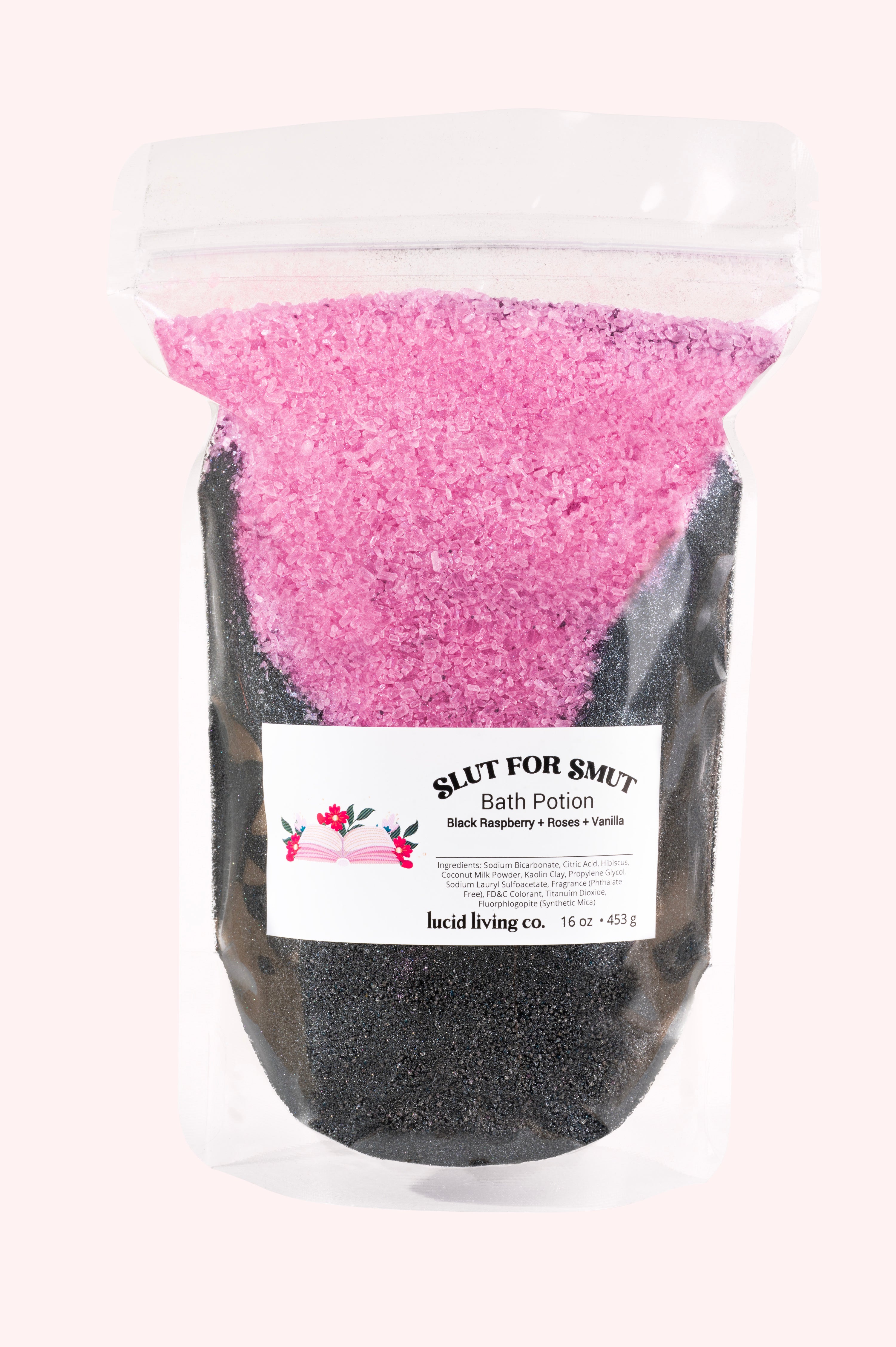 Slut for Smut Bath Potion with pink and black salts for a relaxing and sensual bath experience.